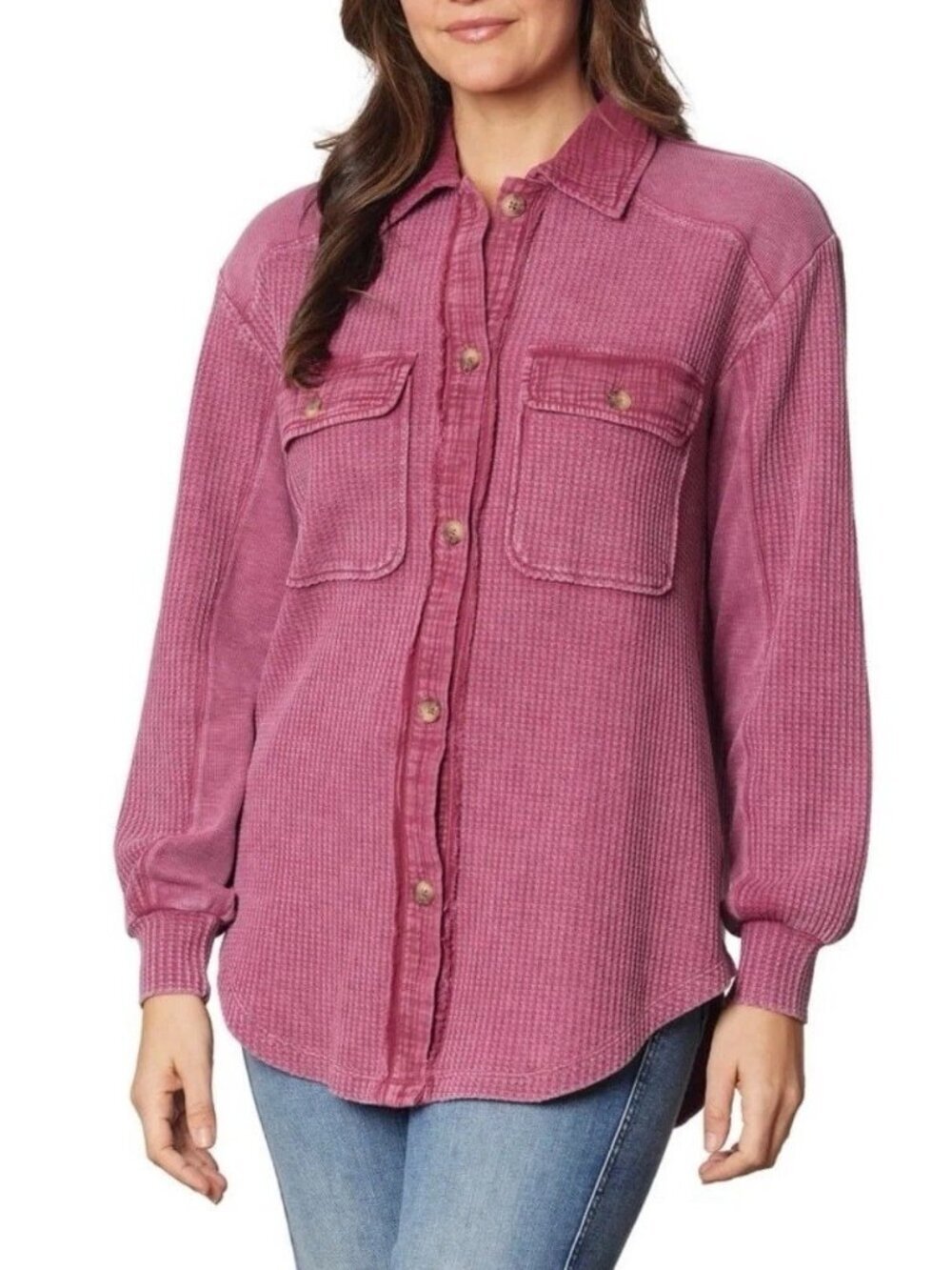 NWT Briggs Women's S Waffle Knit Button-Up Shirt Pink Distressed J2129